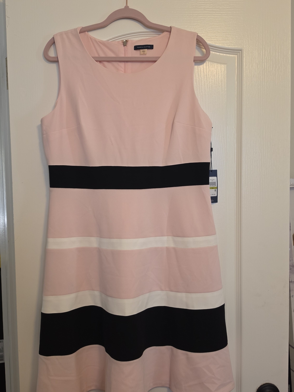 Tommy Hilfiger Pink, Black & White Striped Midi Dress